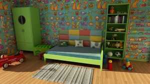Home Inspiratie voor een kinderkamer met gekleurde muren, nieuw bed en speelgoedopberging