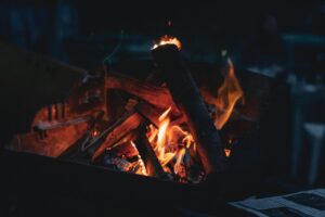 Moderne houtkachel met vlammen in woonkamer, demonstreert de magie van een houtkachel als warmtebron en designelement